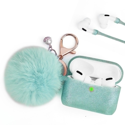 Dream Wireless CAAP3-FURB-MT Furbulous Collection 3-in-1 Thick Silicone TPU Case with Fur Ball Ornament Key Chain & Strap & for Airpods 3 - Glittery Mint Green 
