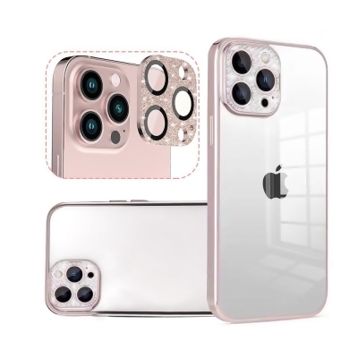 Dream Wireless FTCIP14P-0042-RG 6.1 in. Radiant Series Transparent Clear Case with Diamond Full Camera Lens Raised Protection for iPhone 14 Pro, Rose Gold 