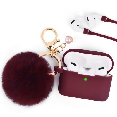 Dream Wireless CAAP3-FURB-BU Furbulous Collection 3-in-1 Thick Silicone TPU Case with Fur Ball Ornament Key Chain & Strap & for Airpods 3 - Burgundy 
