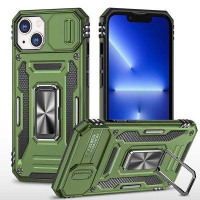 Dream Wireless TCAIP14M-0046-MGR 6.7 in. Triumph Rubberized Hybrid Camera Protective Case with Slide-on & Off Camera Protection Cover & Rotatable Ring Stand with for iPhone 14 Plus - Military Green 