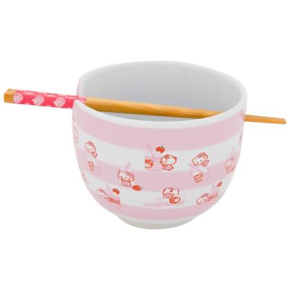 Hello Kitty 869704 Hello Kitty Strawberry Milk Ramen Bowl with Chopsticks, White & Pink 