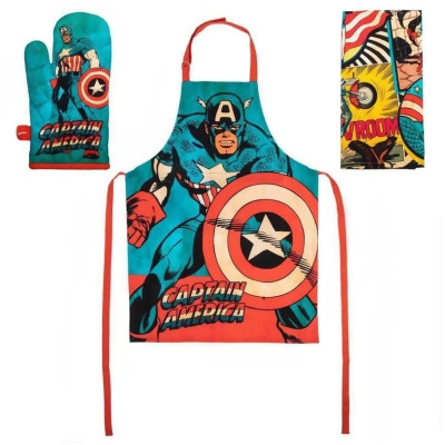 Captain America 870418 26 x 35 in. Captain America Apron, Towel & Mitt Kitchen Set, Multi Color - 3 Piece 