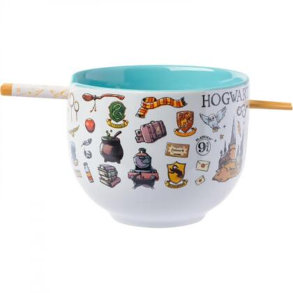 Harry Potter 869706 Harry Potter Hogwarts Icon Collage Ramen Bowl with Chopsticks, White & Blue 