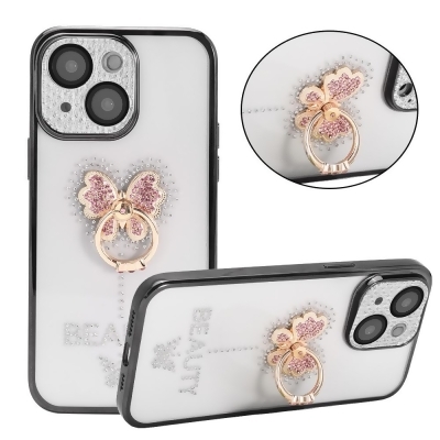 Dream Wireless FTCIP14-0060-BK 6.1 in. Brilliant Ring Collection with Bling Raised Full Camera Protection & Butterfly Ring Stand for iPhone 14 - Black 
