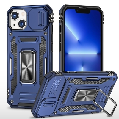 Dream Wireless TCAIP15-0046-NA 6.1 in. Triumph Rubberized Hybrid Camera Protective Case with Slide-On & Off Camera Protection Cover & Rotatable Ring Stand for iPhone 15, Navy 