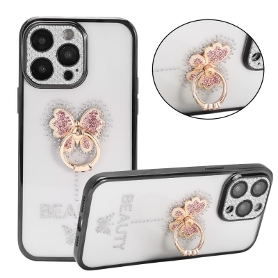 Dream Wireless FTCIP1367-0060-BK 6.7 in. Brilliant Ring Collection with Bling Raised Full Camera Protection & Butterfly Ring Stand for iPhone 13 Pro Max - Black 