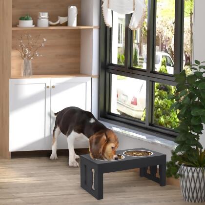 212 Main D08-018BK PawHut 23 in. Modern Decorative Dog Bone Wooden Heavy Duty Elevated Dog Bowl Feeding Station, Black 