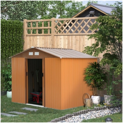 212 Main 845-031YL 9 x 6 ft. Outsunny Metal Storage Shed Garden Tool House with Double Sliding Doors - Brown 
