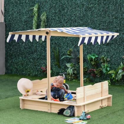 212 Main 343-029 Outsunny Wooden Kids Sandbox with Cover Adjustable Canopy Convertible Bench Seat Bottom Liner 
