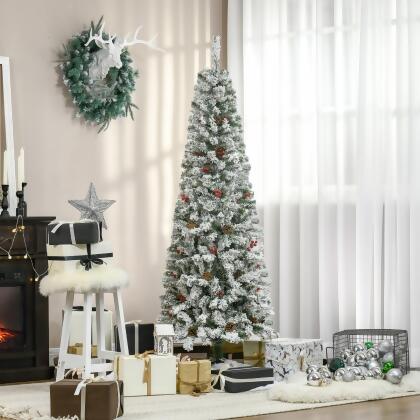 212 Main 830-547V00GN 6 ft. Homcom Pencil Snow Flocked Artificial Christmas Tree with 600 Pine Realistic Branches, Green & White 