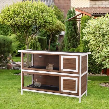 212 Main D51-167BN PawHut Wooden Rabbit Hutch with Dividers Asphalt Roof  for Small Animals & Outdoors, Brown