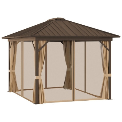 212 Main 84C-095V01 10 x 12 ft. Hardtop Gazebo with Netting & Curtains, Coffee Brown & Beige 