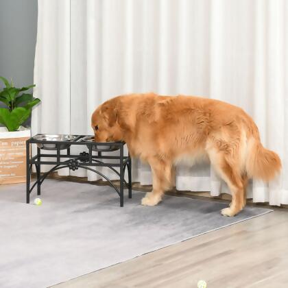 212 Main D08-010BK Pawhut 22 in. Dog Bowl Stand Double Stainless Steel Pet Bowls, Black 