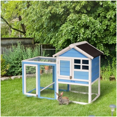 212 Main D51-088LB PawHut 48 in. Wooden Rabbit Hutch Bunny Cage with Waterproof Asphalt Roof, Light Blue 