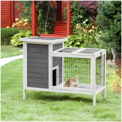 212 Main D51-085 PawHut 36 in. Raised Outdoor Weatherproof Wooden Rabbit Hutch Bunny Cage with Enclosed Run 