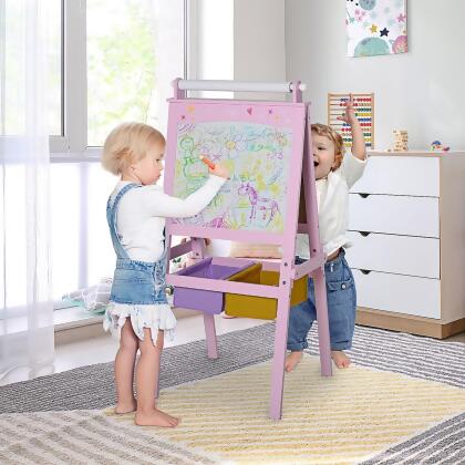 Kids 2-in-1 Wooden Art Table and Art Easel Set w/ Chairs Paper Roll Storage  Bins
