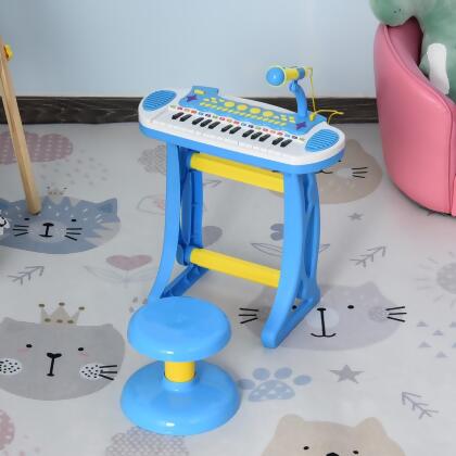 212 Main 390-020BU Qaba Kids Toy Keyboard Piano Toddler Electronic Instrument with Stool Blue & White