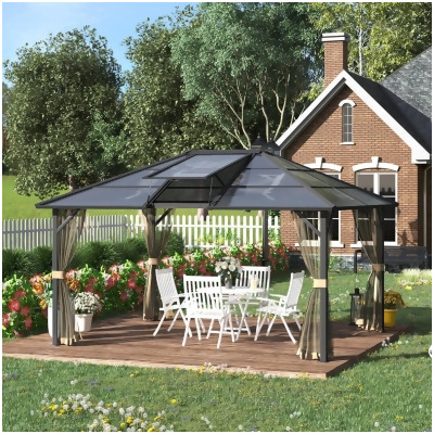 212 Main 84C-291 Outsunny 14 x 12 ft. Hardtop Polycarbonate Gazebo Canopy Aluminum Frame Pergola with Top Vent & Netting for Garden & Patio, Gray 
