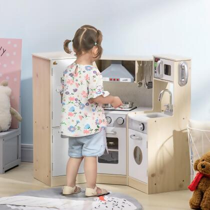 Qaba Wooden Play Kitchen with Lights Sounds, Corner Kids Playset