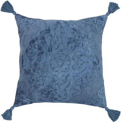 HomeRoots 516668 20 x 20 in. Damask Cotton Blend Zippered Pillow with Tassels, Blue 