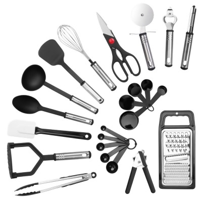 Fresh Fab Finds FFF-GPCT2522 23-Piece Stainless Steel Nylon Kitchen Utensil Set: Heat Resistant Cooking Tool Kit with Grater, Scraper, Tongs, Whisk, Opener, Cutter 