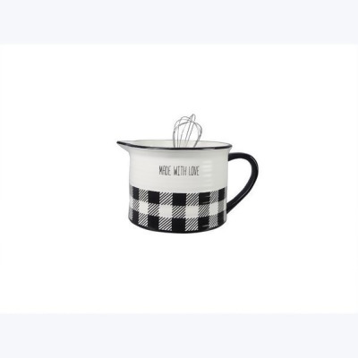 Youngs 21199 10 x 8.5 x 5.38 in. Ceramic Black & White Buffalo Plaid Mixing Bowl with Whisk 