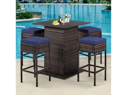 Costway HW68244NY Patio Rattan Bar Table Stool Set with Hidden Storage Shelf Cushioned, Navy - 5 Piece