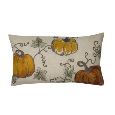 HomeRoots 515406 12 x 20 in. Green & Orange Thanksgiving Pumpkin Linen Blend Zippered Pillow with Embroidery 