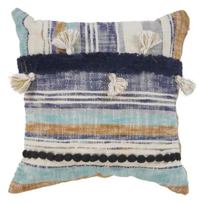 HomeRoots 516757 18 x 18 in. Patchwork Cotton Zippered Pillow with Tassels, Blue & Beige 