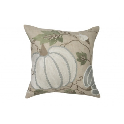 HomeRoots 515403 14 x 14 in. Beige & Green Thanksgiving Pumpkin Linen Blend Zippered Pillow with Embroidery 