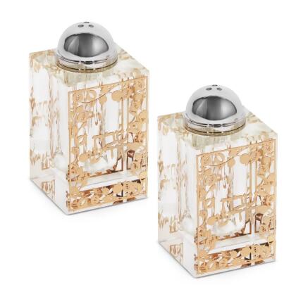 Schonfeld Collection 180201 2 x 4 in. Crystal Salt & Pepper Holder with Side Gold Leaves Plate - Set of 2 