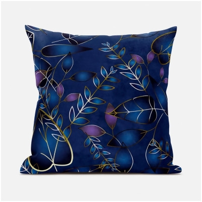 Amrita Sen Designs CAPL1090BrCDS-BL-26x26 26 x 26 in. Leaves Broadcloth Indoor & Outdoor Blown & Closed Pillow - Blue, Pink & Gold 