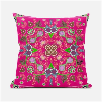 Amrita Sen Designs CAPL852FSDS-ZP-16x16 16 x 16 in. Paisley Leaf Geo Duo Suede Zippered Pillow with Insert - Hot Pink 