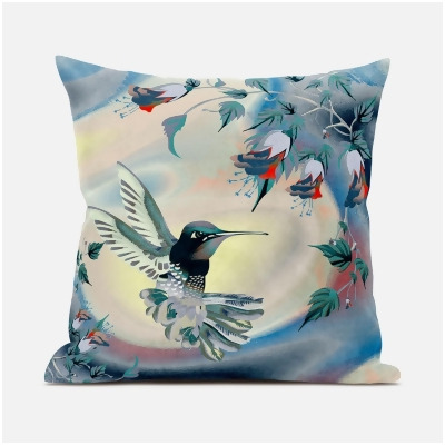Amrita Sen Designs CAPL700FSDS-BL-16x16 16 x 16 in. Curious Humming Bird Suede Blown & Closed Pillow - Yellow, Green & Blue 