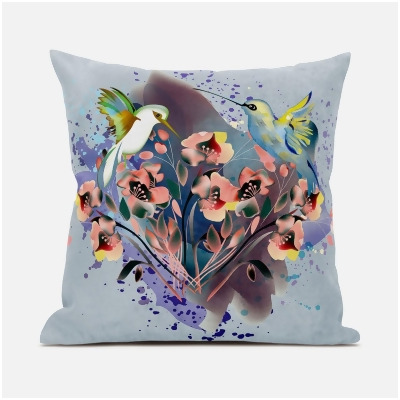 Amrita Sen Designs CAPL703BrCDS-BL-18x18 18 x 18 in. Hummingbird Love Broadcloth Indoor & Outdoor Blown & Closed Pillow - Brown, Blue & Grey 