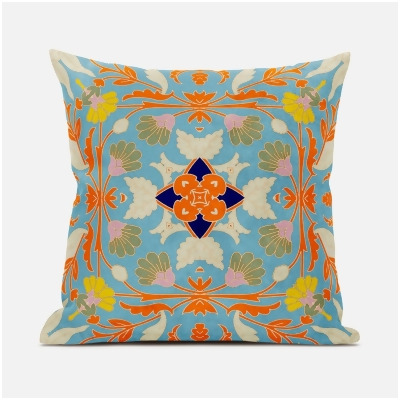 Amrita Sen Designs CAPL814FSDS-BL-18x18 18 x 18 in. Venetian Flower Paisley Duo Suede Blown & Closed Pillow - Light Blue & Orange 