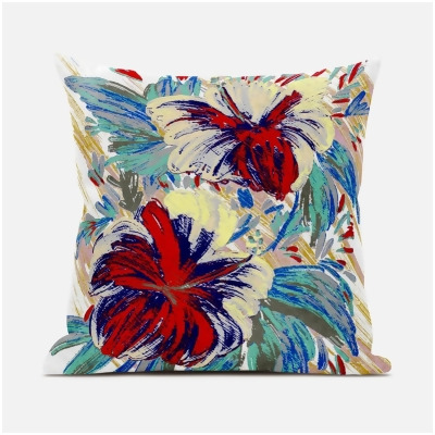 Amrita Sen Designs CAPL793FSDS-ZP-18x18 18 x 18 in. Hawaii Floral Duo Suede Zippered Pillow with Insert - White, Blue & Red 
