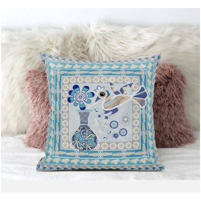 Amrita Sen Designs CAPL582FSDS-ZP-16x16 16 x 16 in. Love Your Vase Peacock Suede Zippered Pillow with Insert - Aqua, Blue & Muted Gold 