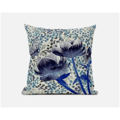 Amrita Sen Designs CAPL551BrCDS-BL-20x20 20 x 20 in. Three Roses with Butterfly Broadcloth Indoor & Outdoor Blown & Closed Pillow - Grey, Indigo Blue & Cream 