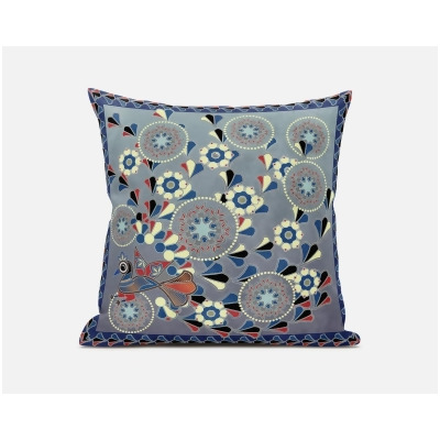 Amrita Sen Designs CAPL571BrCDS-ZP-26x26 26 x 26 in. Glory of Flowers Peacock Broadcloth Indoor & Outdoor Zippered Pillow - Grey, Red & Muted Blue 