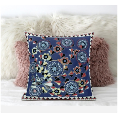 Amrita Sen Designs CAPL567BrCDS-BL-28x28 28 x 28 in. Glory of Flowers Peacock Broadcloth Indoor & Outdoor Blown & Closed Pillow - Deep Blue, Red & Off White 