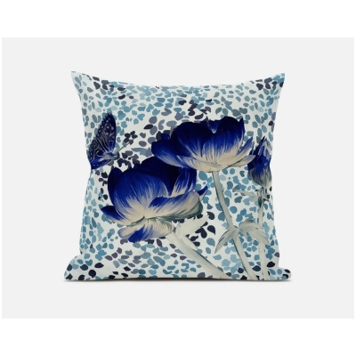 Amrita Sen Designs CAPL550FSDS-BL-20x20 20 x 20 in. Three Roses with Butterfly Suede Blown & Closed Pillow - Electric Blue, Cream & Off White 