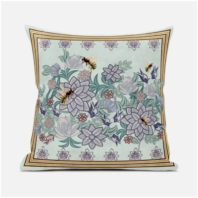 Amrita Sen Designs CAPL719BrCDS-ZP-18x18 18 x 18 in. Honeybee on Flower Broadcloth Indoor & Outdoor Zippered Pillow - Light Green, Purple & Brown 