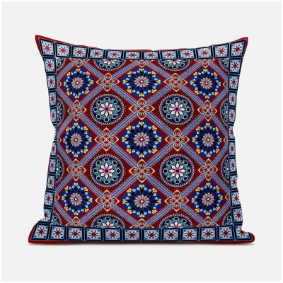 Amrita Sen Designs CAPL1032FSDS-BL-18x18 18 x 18 in. Mandala Floral Tiles Suede Blown & Closed Pillow - Red, Blue & Black 