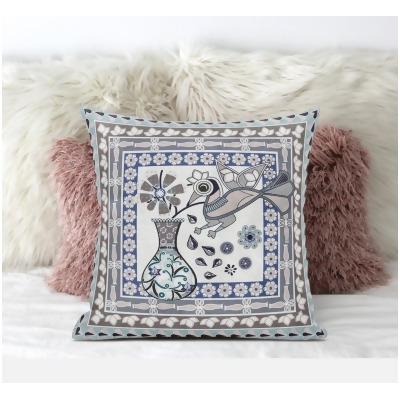 Amrita Sen Designs CAPL585FSDS-BL-16x16 16 x 16 in. Love Your Vase Peacock Suede Blown & Closed Pillow - Beige, Grey & Dark Blue 