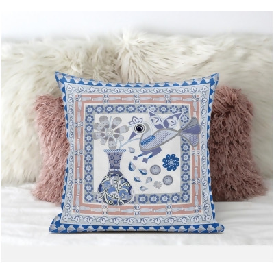 Amrita Sen Designs CAPL595FSDS-ZP-20x20 20 x 20 in. Love Your Vase Peacock Suede Zippered Pillow with Insert - Blue, Peach & Grey 