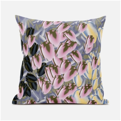 Amrita Sen Designs CAPL932FSDS-BL-20x20 20 x 20 in. Tulip Bouquet Suede Blown & Closed Pillow - Pink, Yellow & Grey 