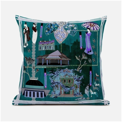 Amrita Sen Designs CAPL992BrCDS-BL-16x16 16 x 16 in. City Palace Broadcloth Indoor & Outdoor Blown & Closed Pillow - Turquoise, Purple & Brown 