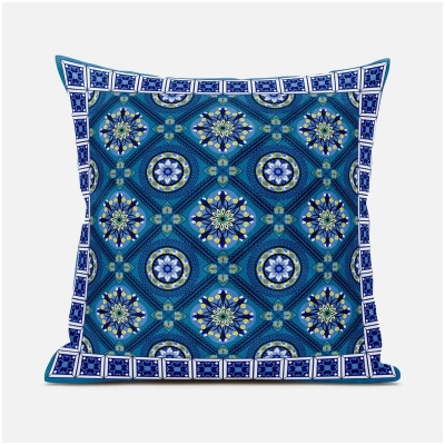 Amrita Sen Designs CAPL1035FSDS-BL-16x16 16 x 16 in. Mandala Floral Tiles Suede Blown & Closed Pillow - Blue, Yellow & White 