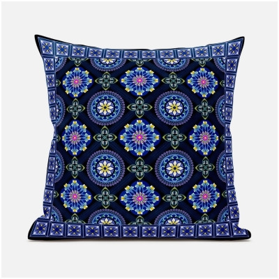 Amrita Sen Designs CAPL1036FSDS-BL-20x20 20 x 20 in. Mandala Floral Tiles Suede Blown & Closed Pillow - Multi Color 